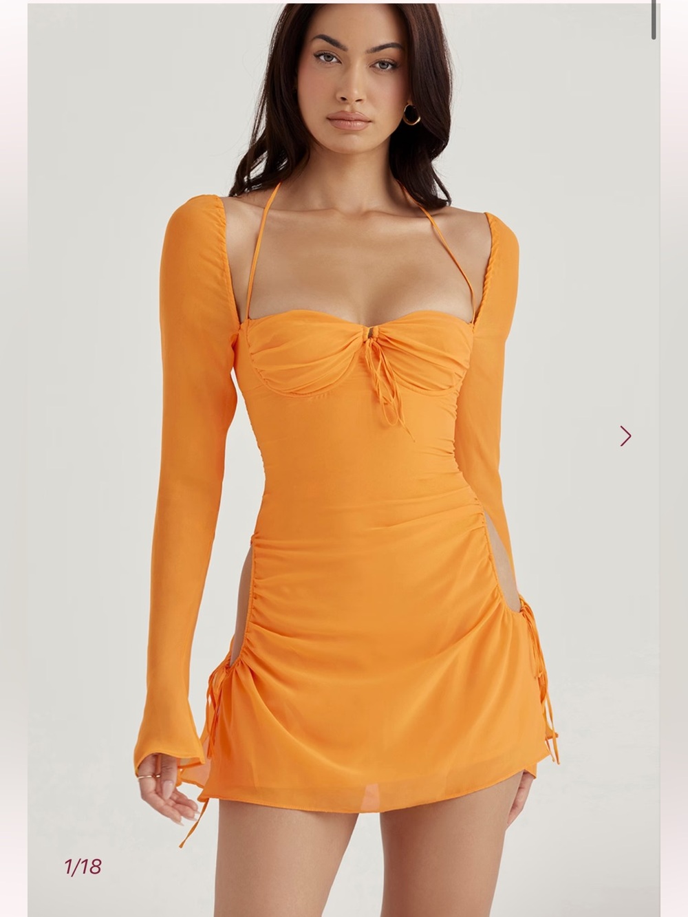 House of CB Orange Long-Sleeve Cutout Mini Dress with Tie Detail